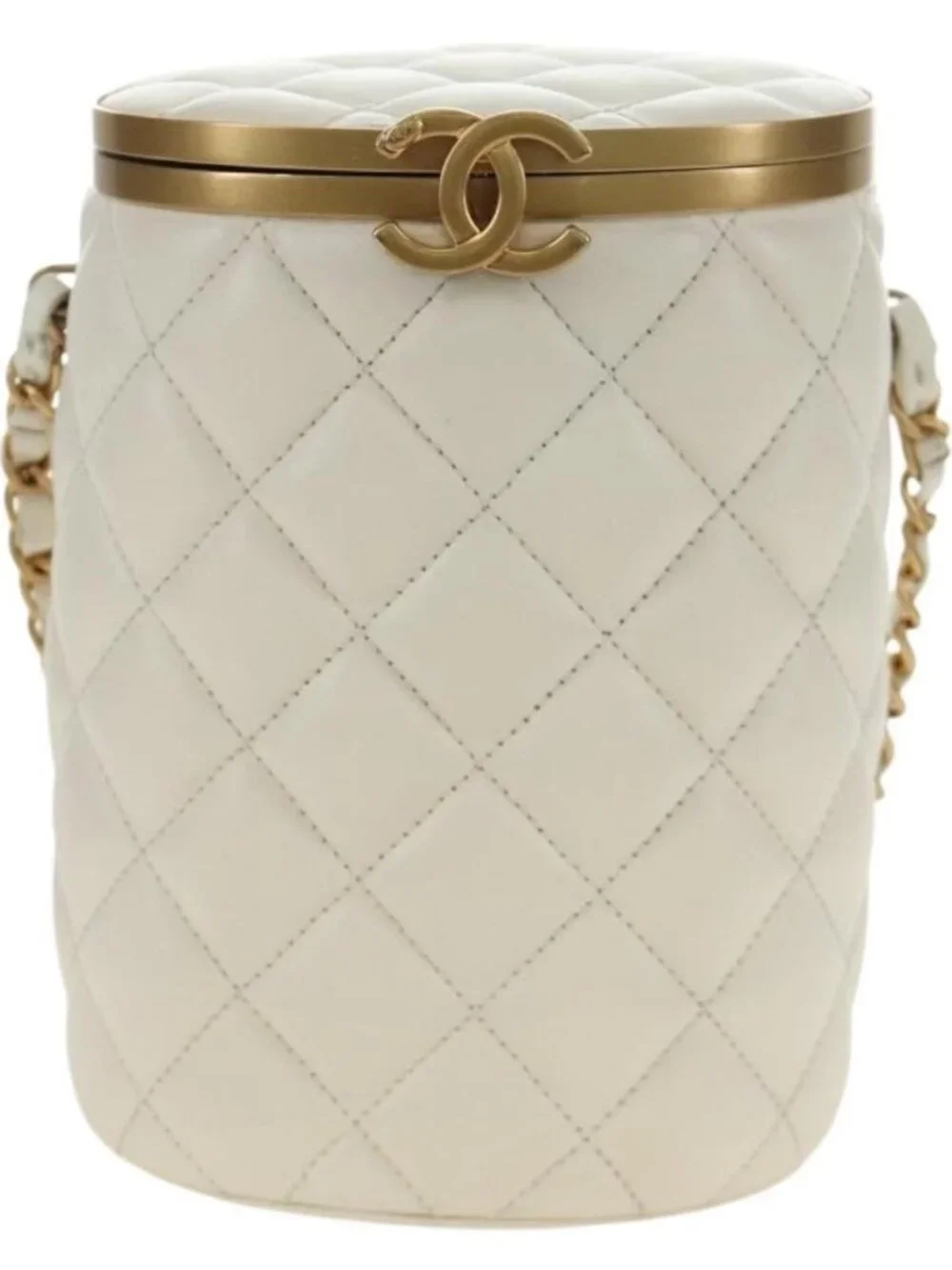 CHANEL Chain Matelasse Shoulder Bag Lamb Skin White Gold CC Auth BA13318M